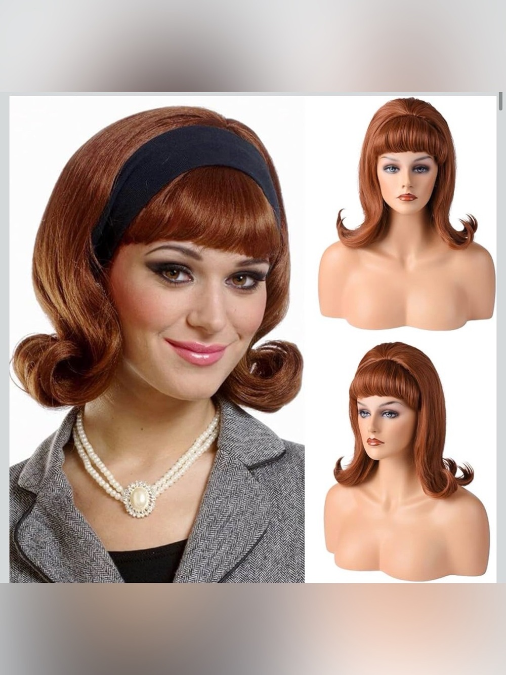 NWT LONAI Retro Brown Wig 50s 60s 70s Wig with Bangs  Synthetic Hair Ginger
